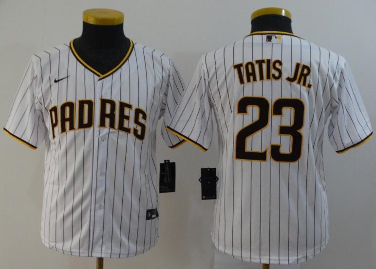 Youth San Diego Padres 23 Tatis jr White stripe Game 2021 Nike MLB Jersey